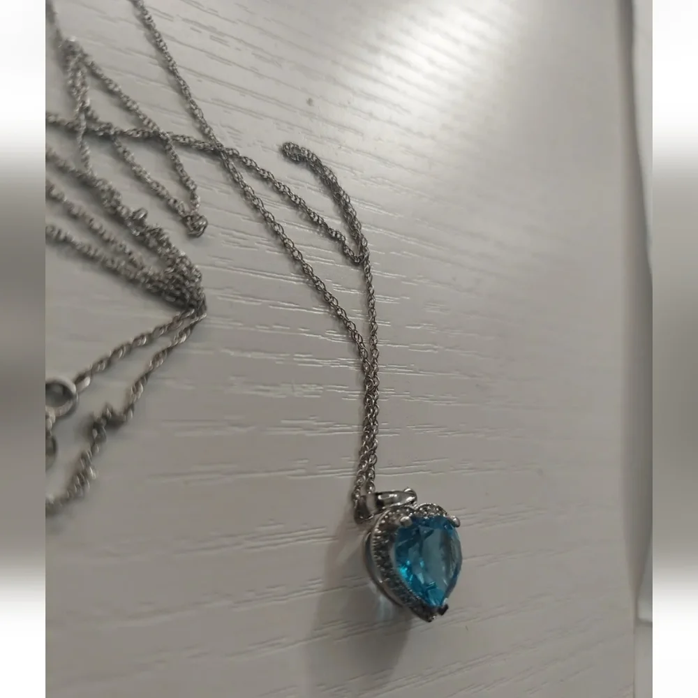 14k solid white gold chain necklace With Natural Diamonds And Blue Natural Topaz